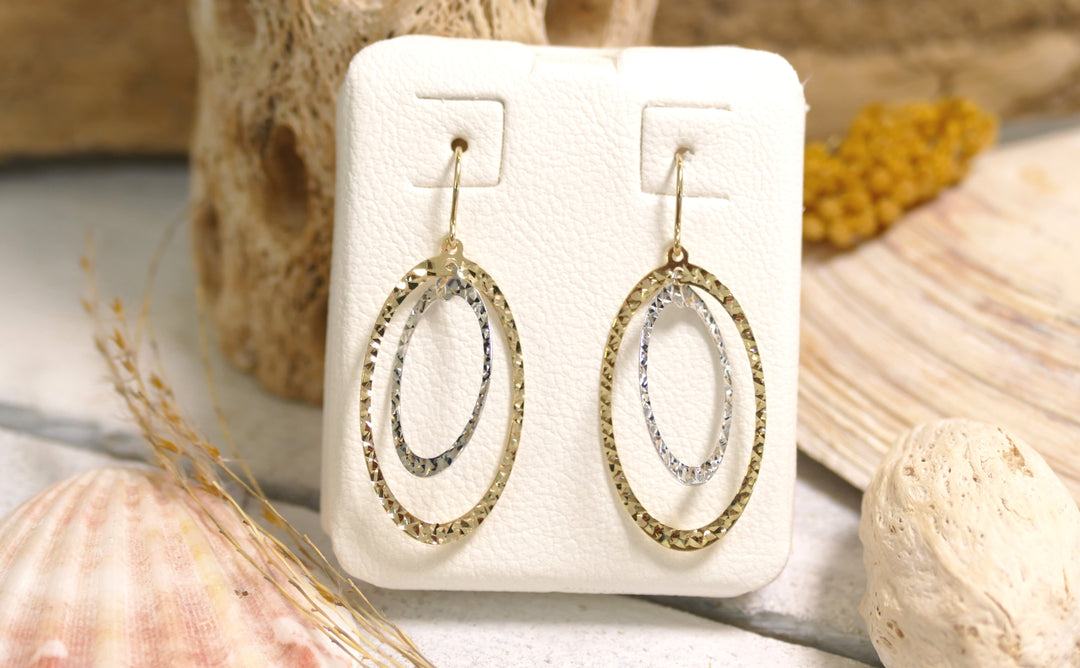 14k Two Tone Double Oval + Diamond Cut Dangle Earrings
