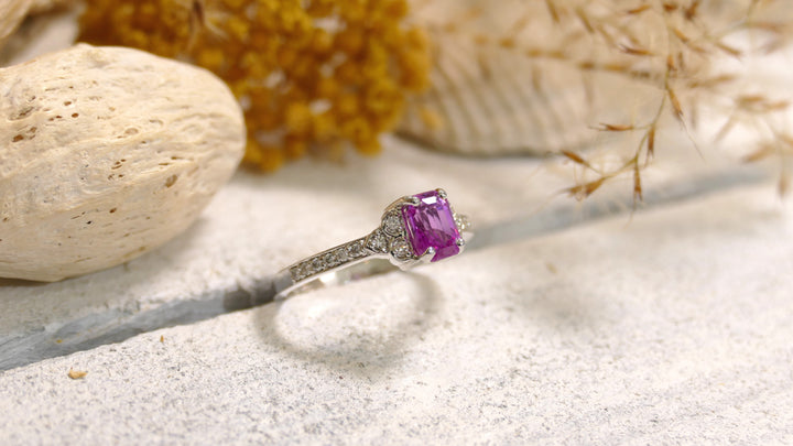 14k White Gold Pink Sapphire Emerald Cut Ring (Size 6.75)