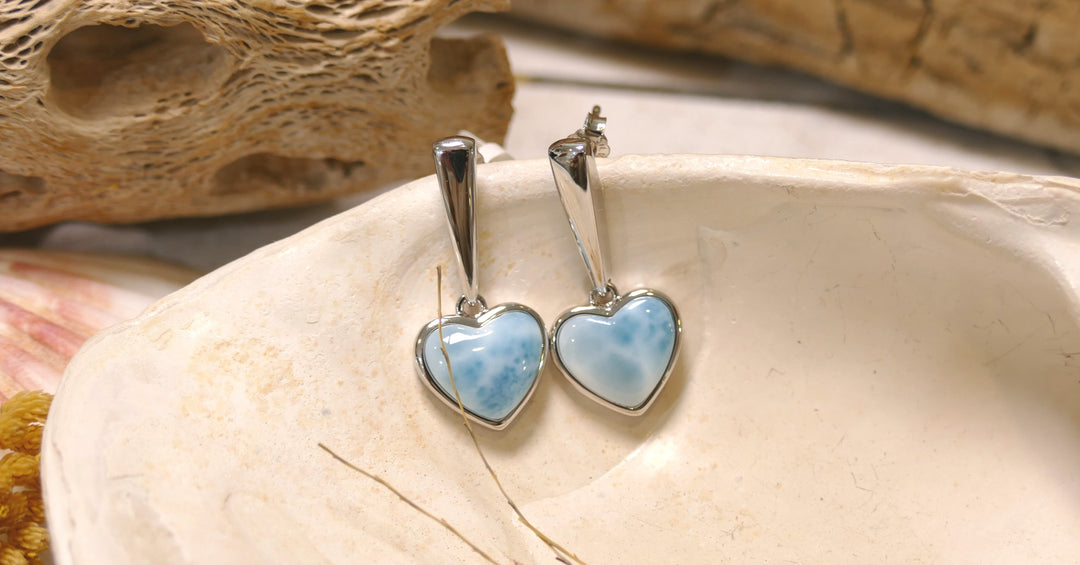 Sterling Silver - Silver Heart Larimar Drop Earrings