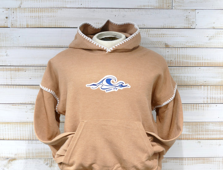 Ocean City Classics - Long Sleeve Hooded White Scallop Trim Sweatshirt - Peach Tan