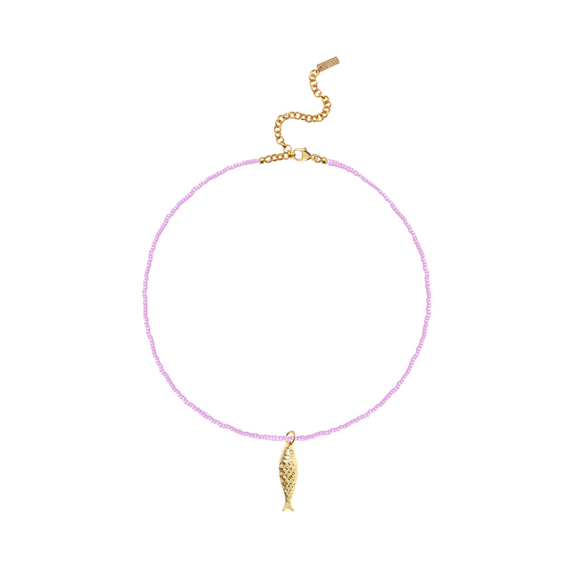 Adriana Pappas - Brass - Gold Filled Lavender Glass Beads Cubic Zirconia Fish Choker Necklace 15"-18"