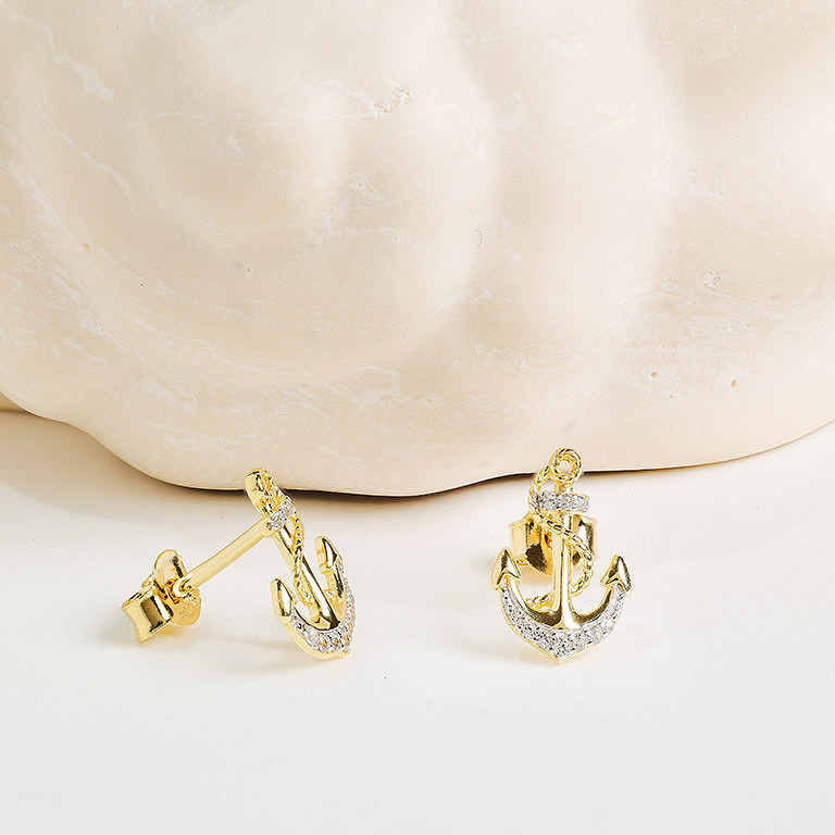 Ocean - - Gold Vermeil White Sapphire Anchor Stud Earrings