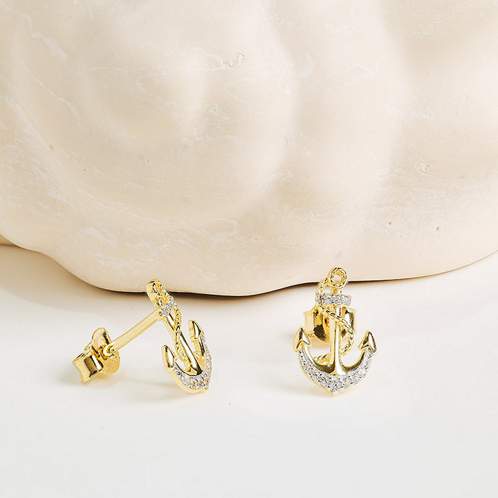 Ocean - - Gold Vermeil White Sapphire Anchor Stud Earrings