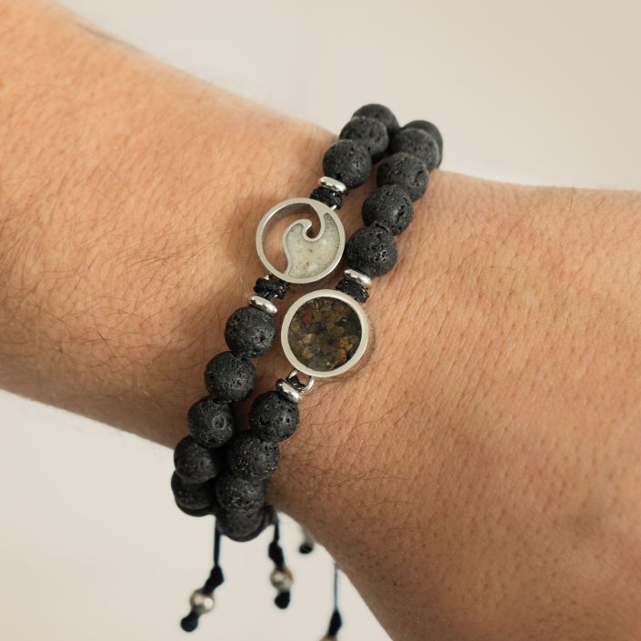 Dune - Stainless Steel - Silver Wave & Lava Beads Ocean City Beach Sand Cord Bracelet (adjustable up tp 9.5")