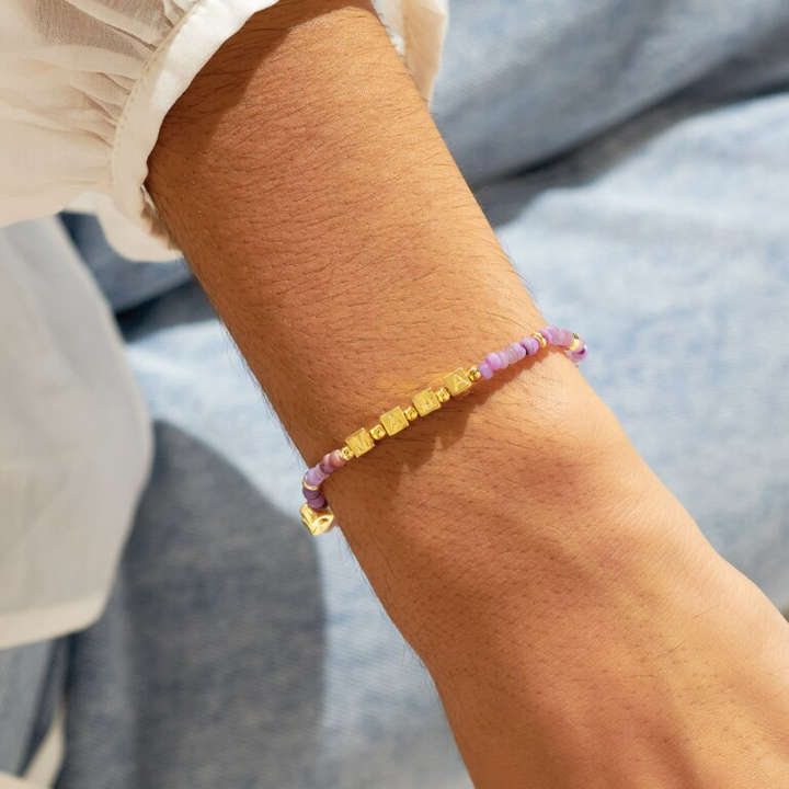 A Little & Co - Brass - Gold - Purple - Mama - Stretch Beaded Bracelet 6 7/8"