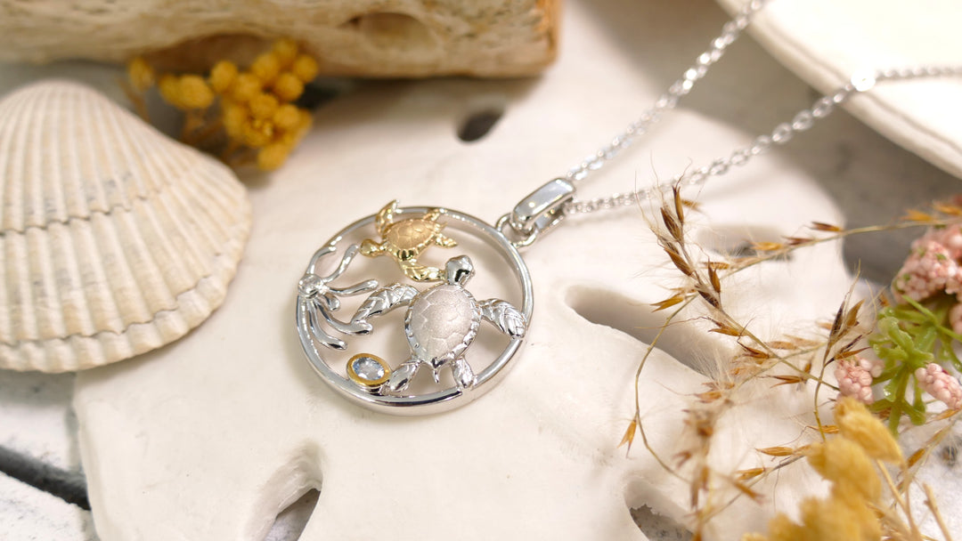 Sterling Silver - Two Tone 14K Turtle Round Natural Diamond Sea Life Necklace