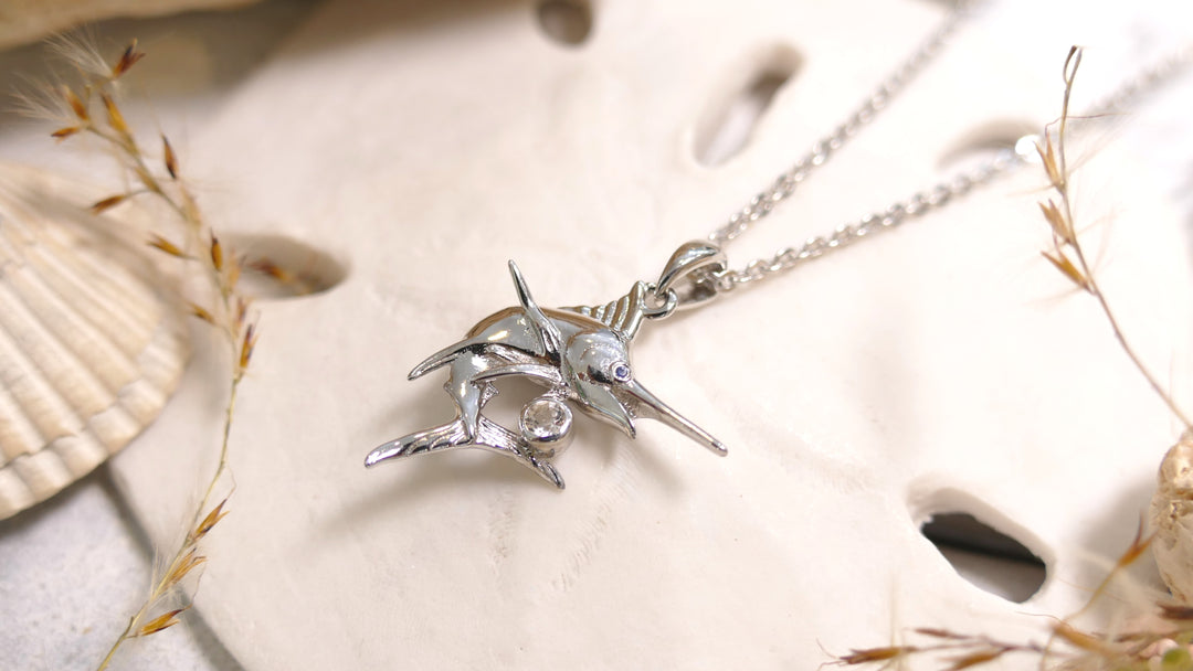 Sterling Silver - Silver Marlin - White + Blue Topaz Fish Necklace