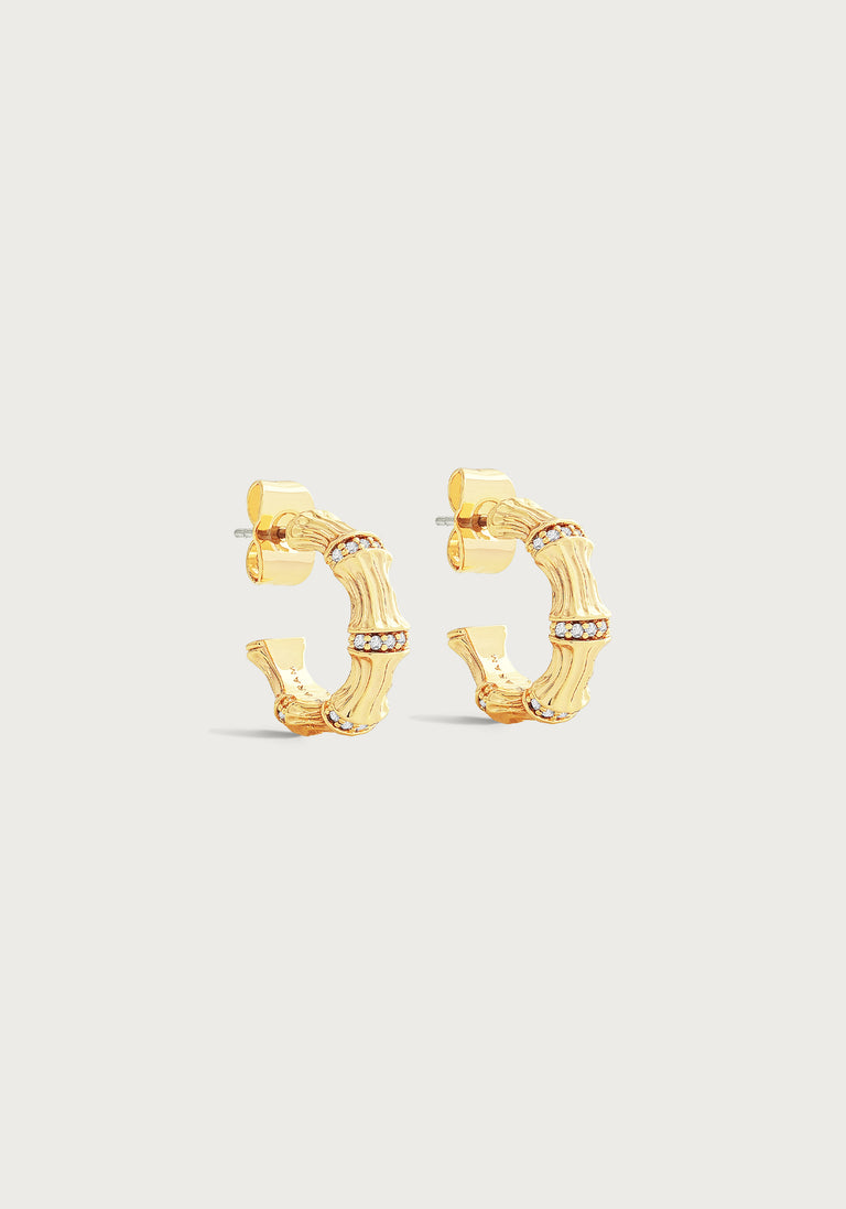 Anabel Arum - Brass - 18K Gold Plated Crystal Huggie Bamboo Earrings