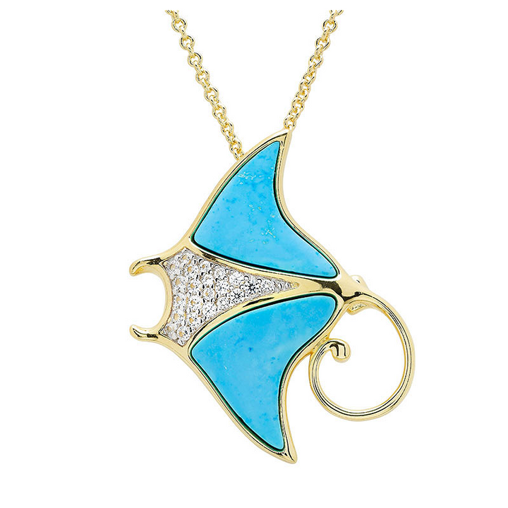 Ocean - 14k Gold Vermeil Sting Ray Turquoise Sea Life Necklace Adjustable 20" Chain