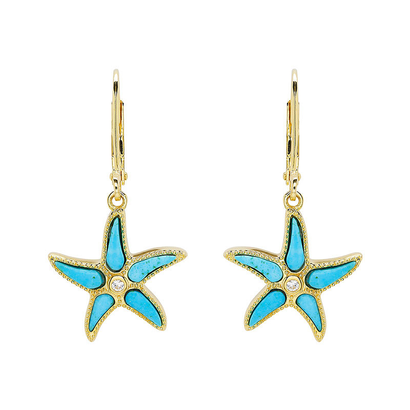 Ocean - Sterling Silver - Gold Vermeil White Lab Sapphire Turquoise Starfish Drop Earrings