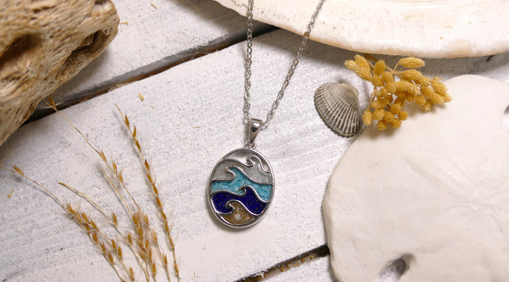 Dune - Sterling Silver - Make Waves Turquoise Gradient Oval 16-20" (adjustable) Ocean City Beach Sand Necklace