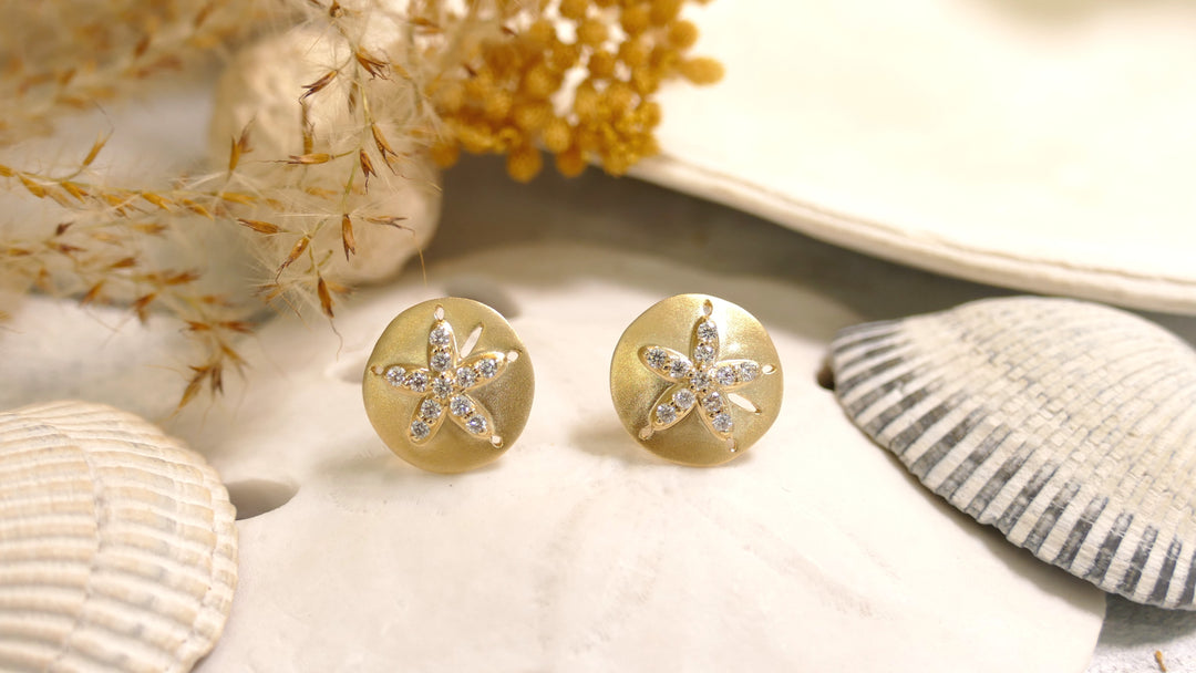 14k Yellow Gold .31 ct Diamonds Stud Matte Sanddollar Earrings