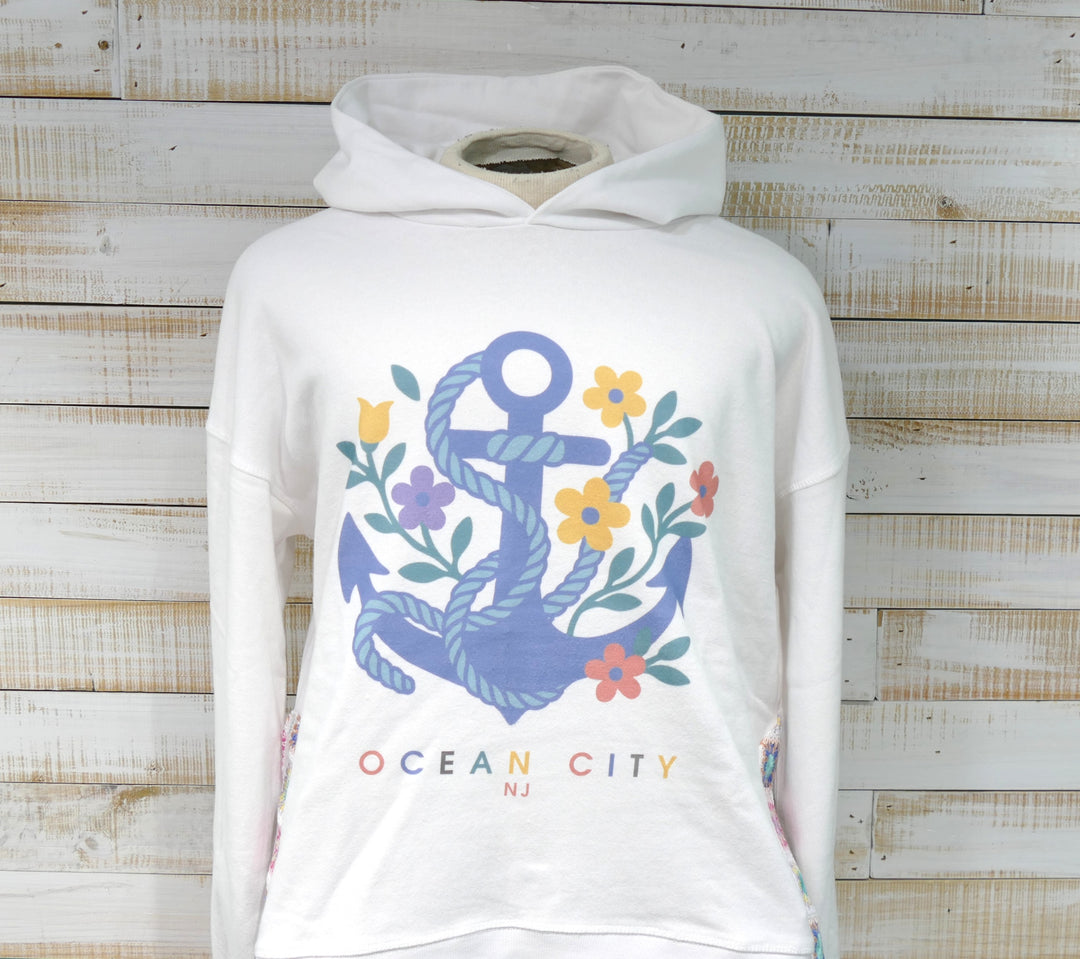 Ocean City Classics - Long Sleeve Hooded Floral Anchor Sweatshirt - White