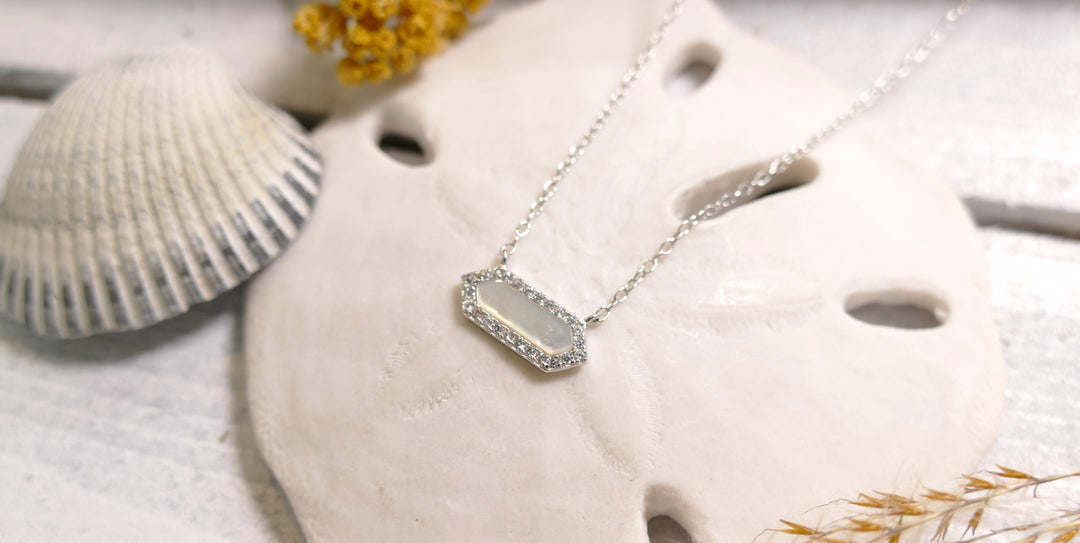 Sterling Silver - Silver CZ Border - Hexagon Mother of Pearl Necklace