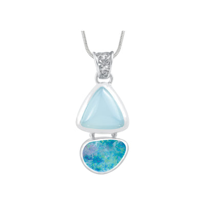 Silver Pendant With Ocean Chalcidony Triangle & Opal Free Form