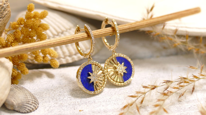 14k Yellow Gold Round .22ct Diamond Lapis + Starburst Dangle Earrings