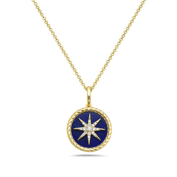 14k - Yellow Gold Diamonds 0.07ct & Lapis Compass Necklace (Length 18")