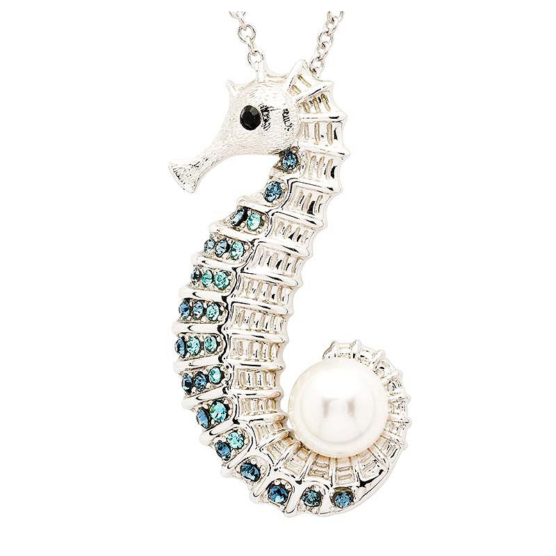 Ocean - Sterling Silver - Pearl & Crystal 18" Sea Horse Necklace