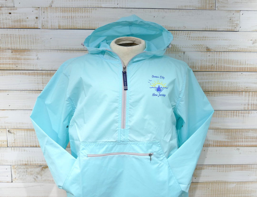 Charles River - Long Sleeve 1/4 Zip Hooded Pack & Go Rain Jacket - Aqua