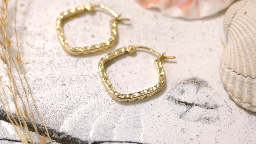 14k Yellow Gold Square - Diamond Cut Hoop Earrings