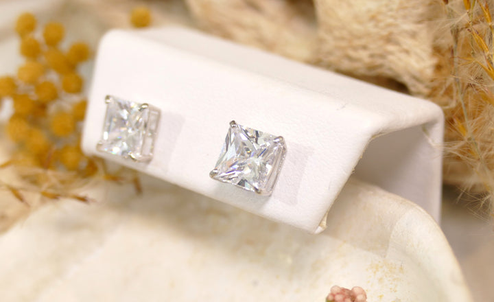 14k White Gold CZ 6mm Basket Princess Stud Earrings
