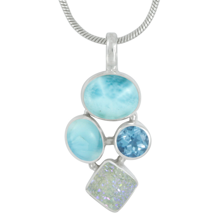 Sterling Silver - Blue Topaz. Square Opal Druzy & Larimar Drop Pendant