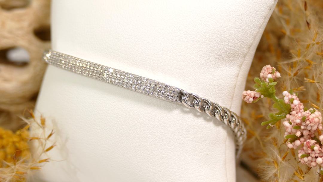 14k White Gold Micro Pave I.D + Cuban Link 1.00ct Diamond Chain Bracelet