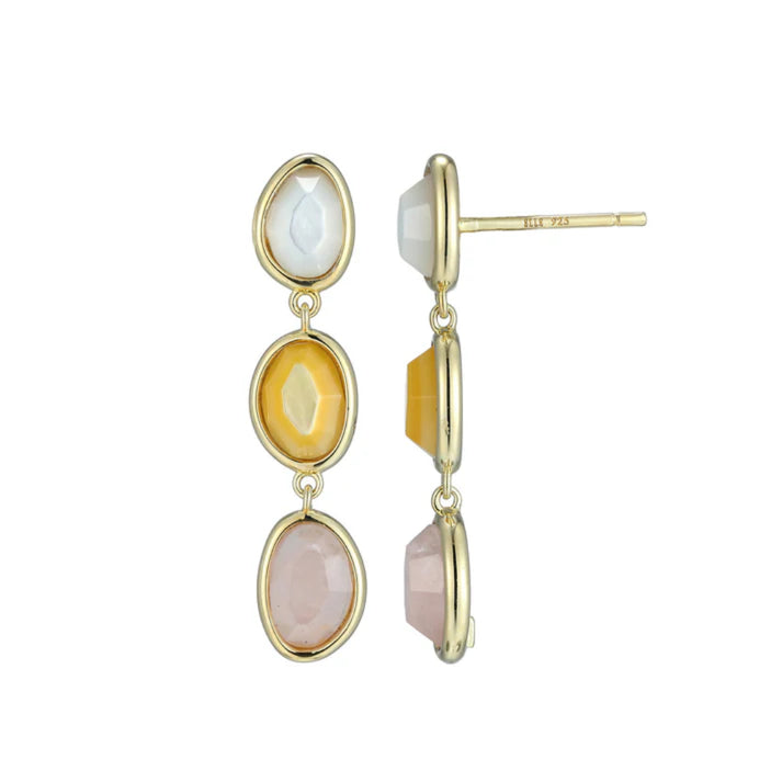 ELLE PARIS - Sterling Silver - Gold Plated "Reviere" 3 Stone Mother of Pearl Drop Earrings