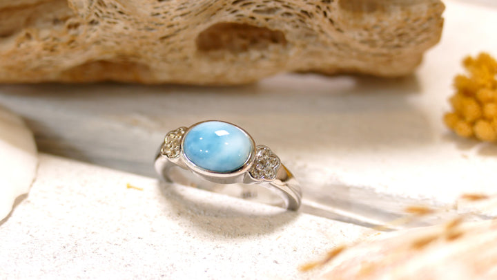 Sterling Silver - Silver CZ Oval Larimar Ring (Size 6)