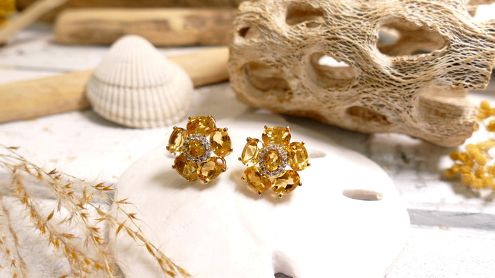 Sterling Silver - 14K Gold Plated CZ Halo 5.5ct Flower Citrine Statement Earrings