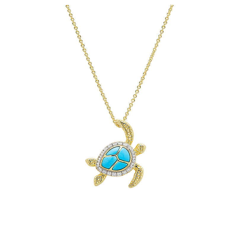 Ocean - Sterling Silver - Gold Vermeil White Lab Sapphire Turquoise Turtle Necklace