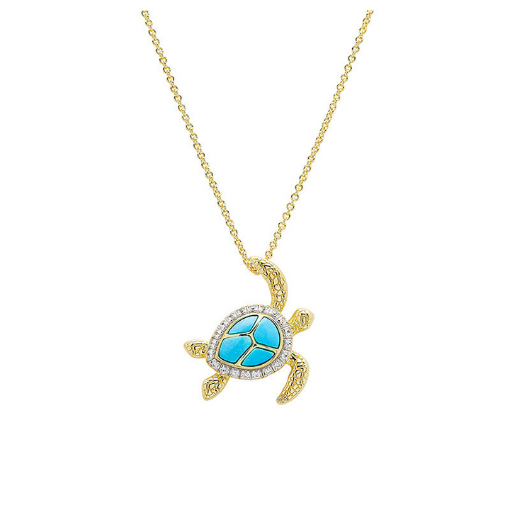 Ocean - Sterling Silver - Gold Vermeil White Lab Sapphire Turquoise Turtle Necklace