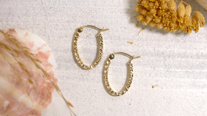 14k Yellow Gold Oval - Diamond Cut Hoop Earrings