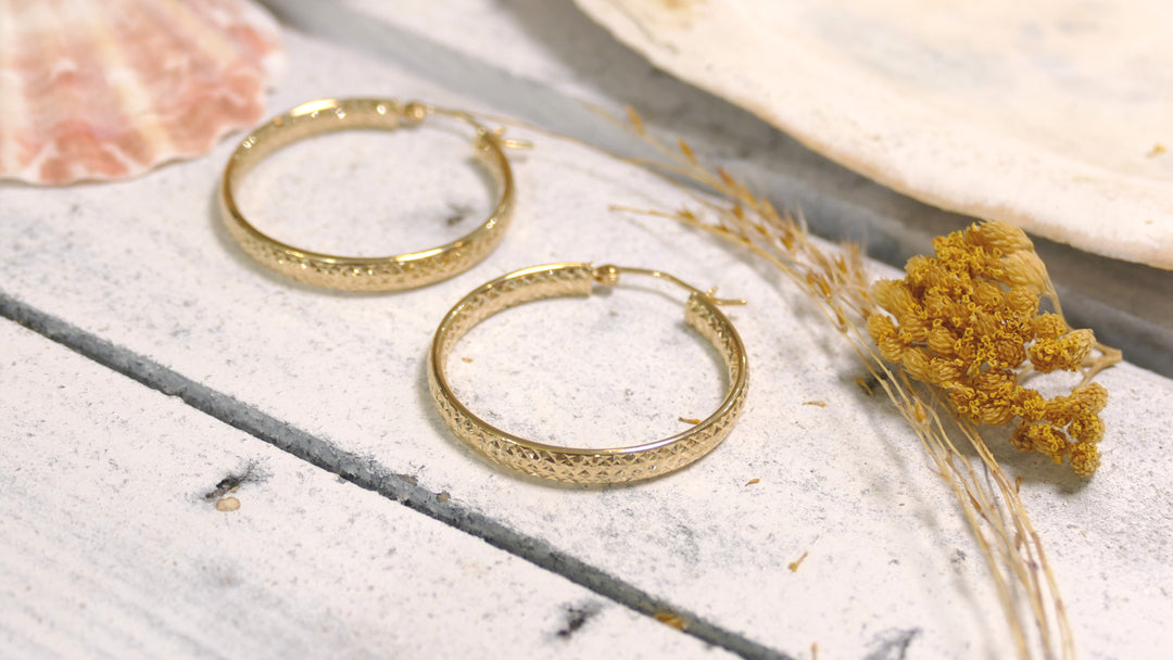 14k Yellow Gold Diamond Cut Hoop Earrings