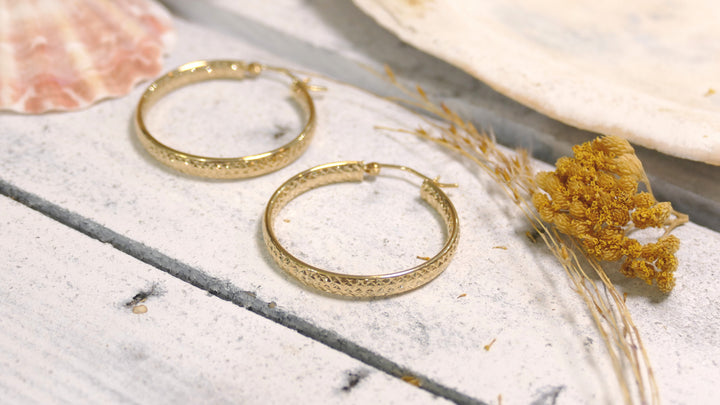 14k Yellow Gold Diamond Cut Hoop Earrings