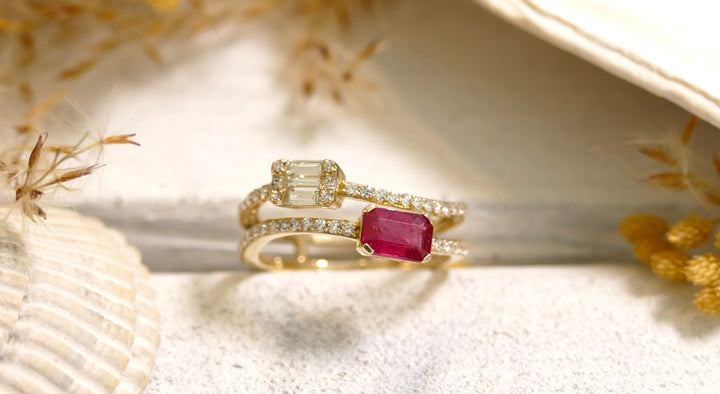 14k Yellow Gold Ruby Natural Diamonds 0.26ct Emerald Cut Double Wave Ring
