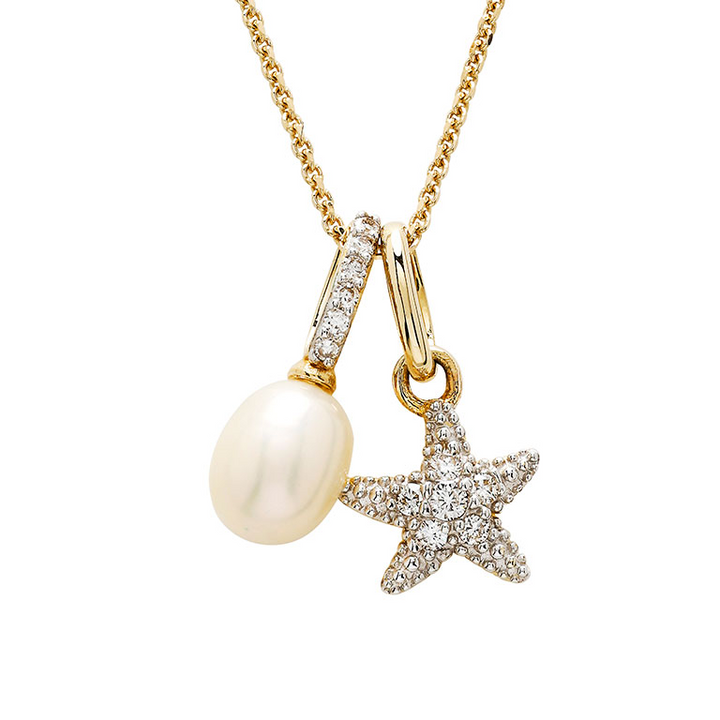 Ocean - 14k - Yellow Gold Freshwater Pearl Lab Grown Diamond Starfish Dangle Necklace