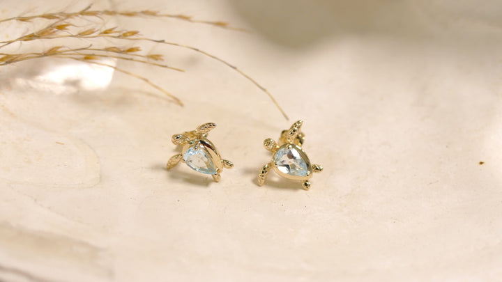 14k - Yellow Gold Blue Topaz Turtle Stud Earrings
