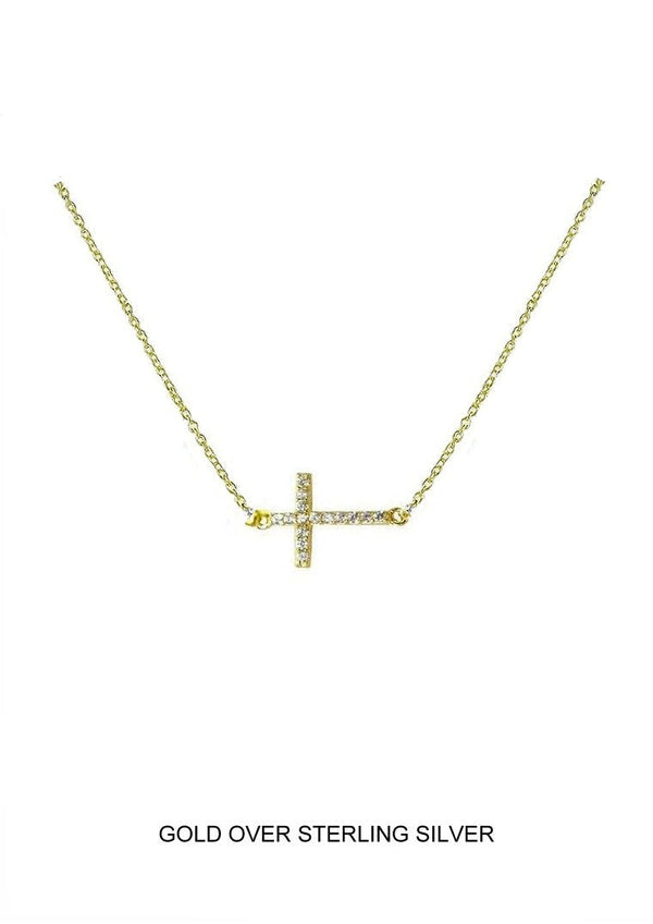 CZ SIDEWAYS CROSS GOLD 16+"