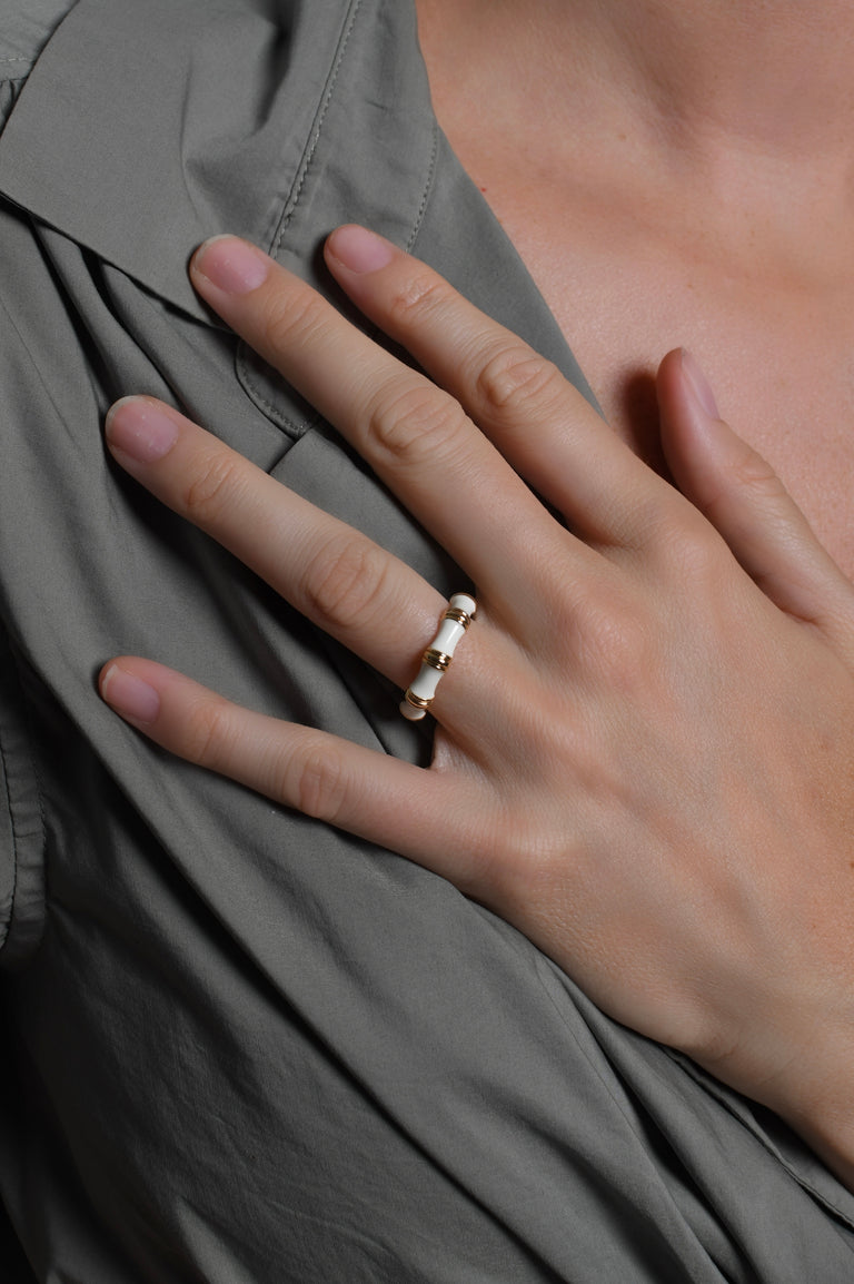 Anabel Arum - Brass - 18K Gold Plated Creme Enamel Bamboo Ring (Size 7)
