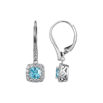 Elle - Sterling Silver - "Radiance" Blue & Clear Halo Cubic Zirconia Cushion Lever Back Earrings