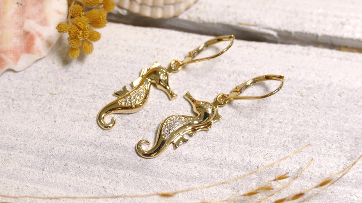 14k - Yellow Gold 0.18ct Natural Diamond Sea Horse Lever Back Earrings