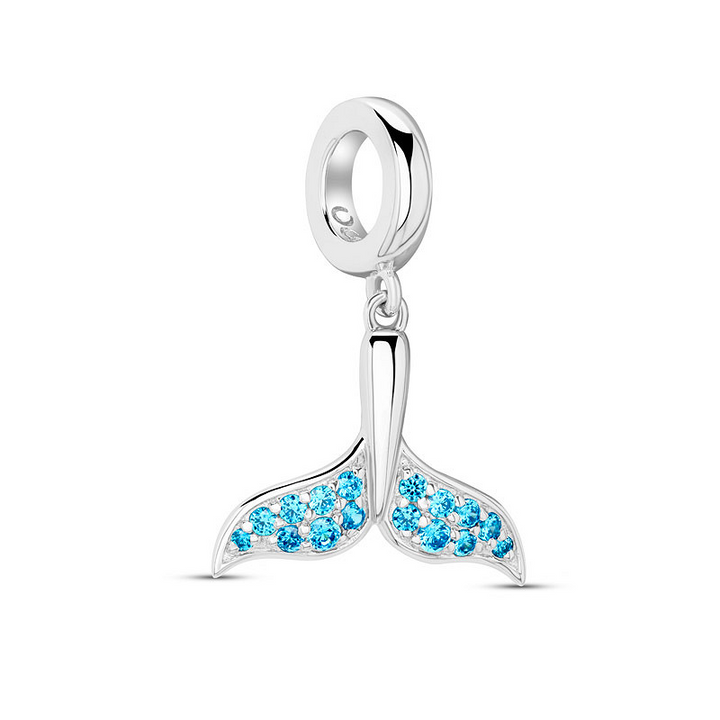 Ocean - Sterling Silver - Blue Topaz Cubic Zirconia Whale Tail Dangle Charm