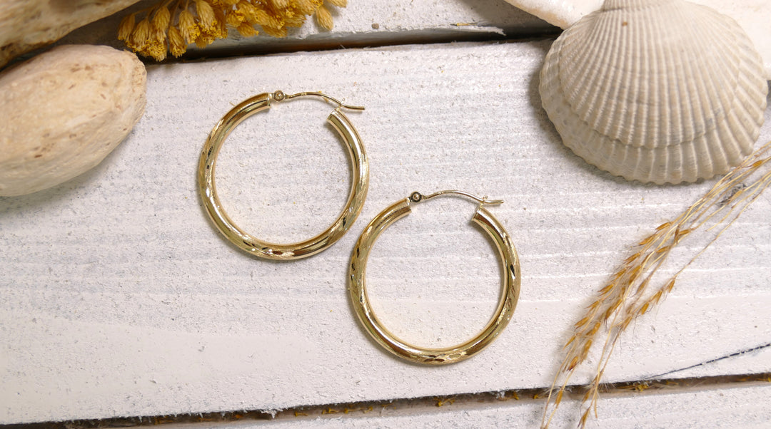 14k Yellow Gold Diamond Cut Hoop Earrings