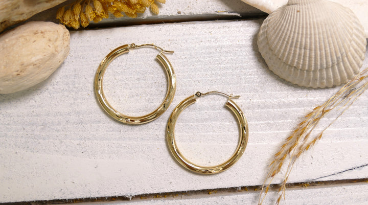 14k Yellow Gold Diamond Cut Hoop Earrings