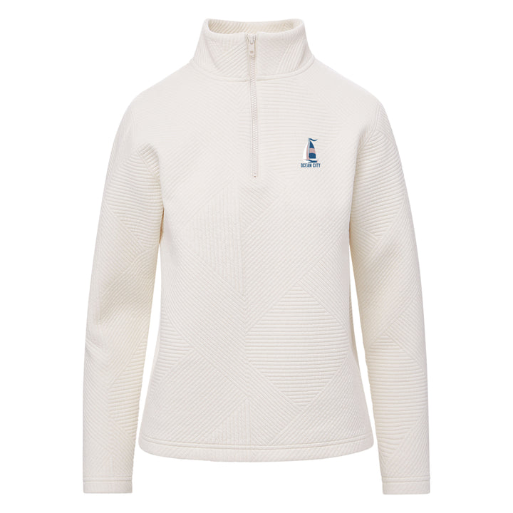 Ocean City Classics - Long Sleeve 1/4 Zip Cadet Collar Textured Sailboat Sweatshirt - Ivory