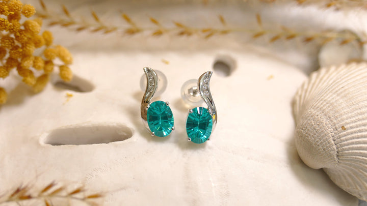 14k White Gold Oval 0.06ct Accent Diamond Paraiba Tourmaline Curved Stud