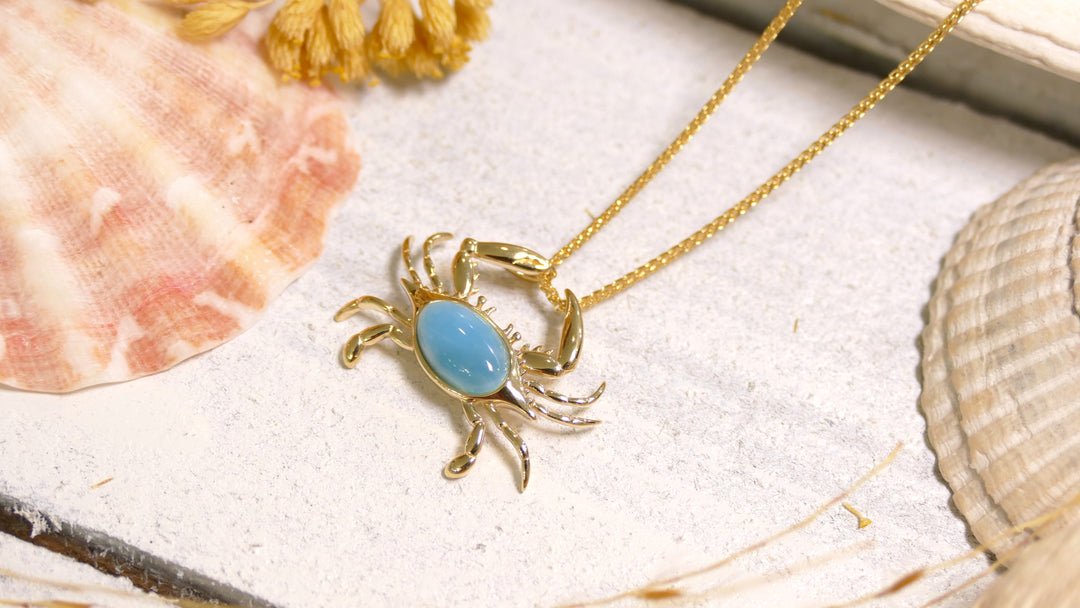 14k - Yellow Gold Larimar Crab Pendant
