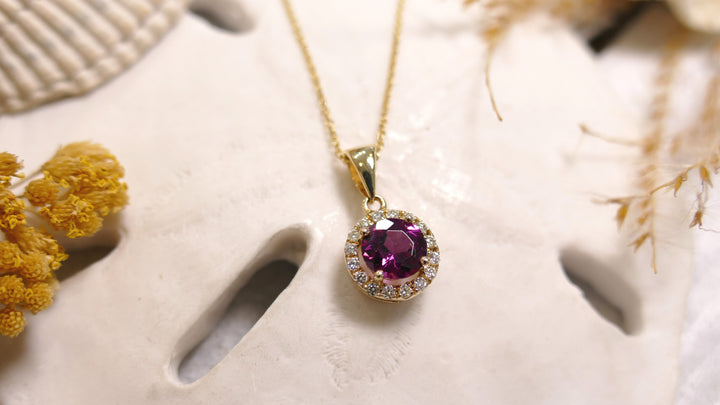 14k Yellow Gold 0.13ct Round Necklace Rhodolite w/Diamond Halo
