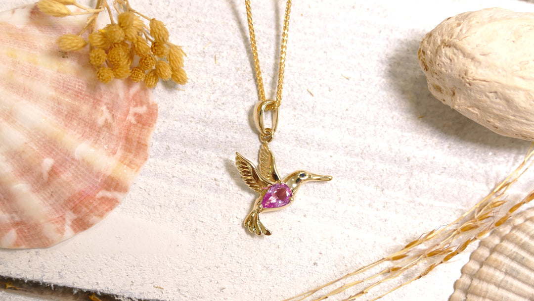 14k - Yellow Gold Hummingbird Pink Sapphire Pendant